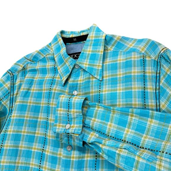 DDC Lab Button Down Shirt Mens Medium Internal Pocket Plaid Blue Mustard White - Picture 1 of 13